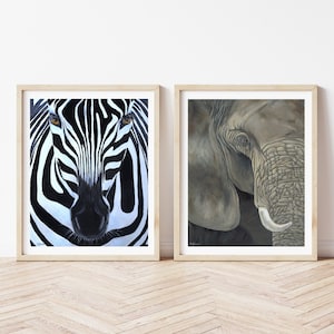 Elephant and Zebra Art Print Set, African Wall Art, Giclee Print, Animal Portrait, Wildlife Art