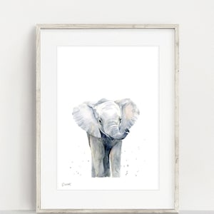 May include: A watercolor painting of a baby elephant with gray and light brown tones. The elephant is standing on a white background with small gray dots.