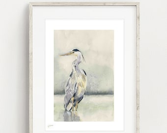 アオサギの絵画、オリジナルの水彩画、湿地や池の水鳥の絵画、鳥の