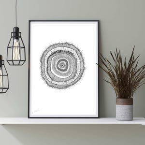 May include: A framed black and white art print featuring a detailed, circular design resembling a cross-section of a tree trunk. The artwork is displayed on a white shelf, with two black pendant lights hanging above.