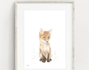 Fox cub watercolor art print, home decor, nursery art, wildlife animal art, fox illustration