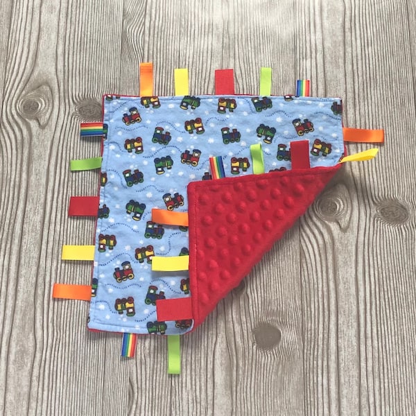Baby Lovey Train Theme Print, Baby Shower Gift, Red and Blue Sensory Toy For Baby Boy or Girl, Small Security Blanket For Babies