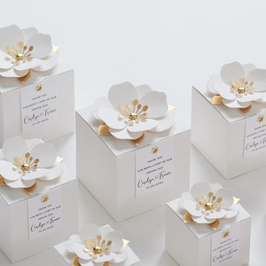 White favor boxes with flower decor for wedding, bridal party, Baptism, birthday and anniversary