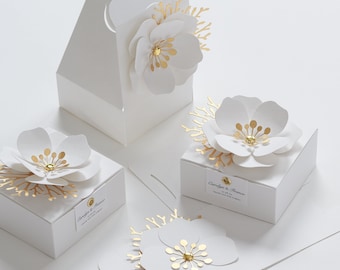 White favor boxes with flower decor for wedding, bridal party, Baptism, birthday and anniversary