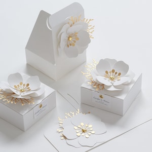 White favor boxes with flower decor for wedding, bridal party, Baptism, birthday and anniversary