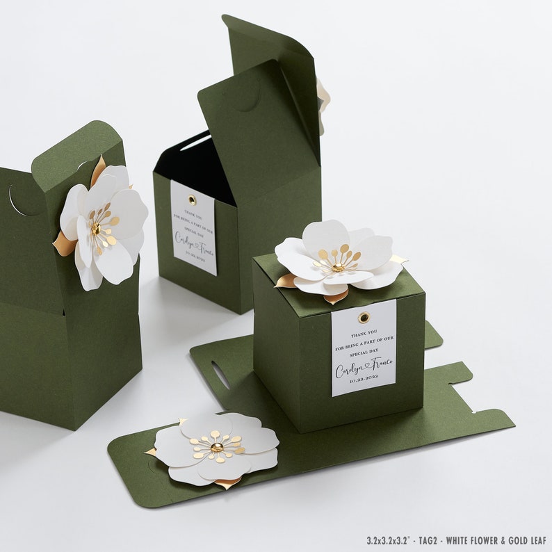 Green favor boxes with flower decor for wedding, bridal party, baptism, birthday and anniversary image 2