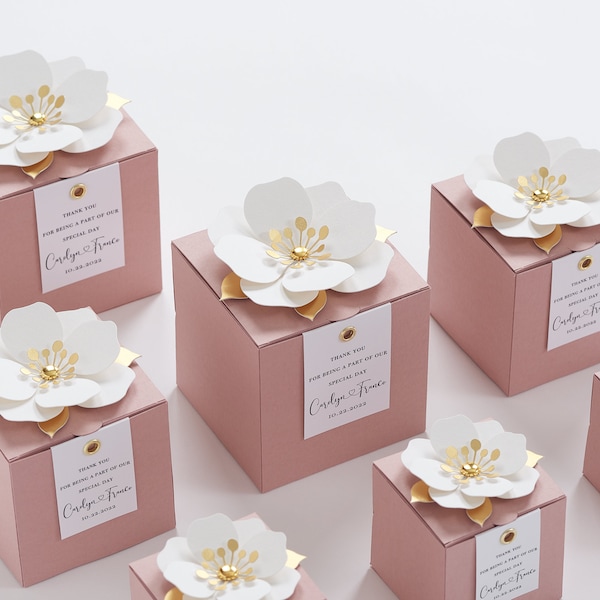 Boîtes à dragées Blush avec décor floral pour mariage, fête nuptiale, baptême, anniversaire et anniversaire
