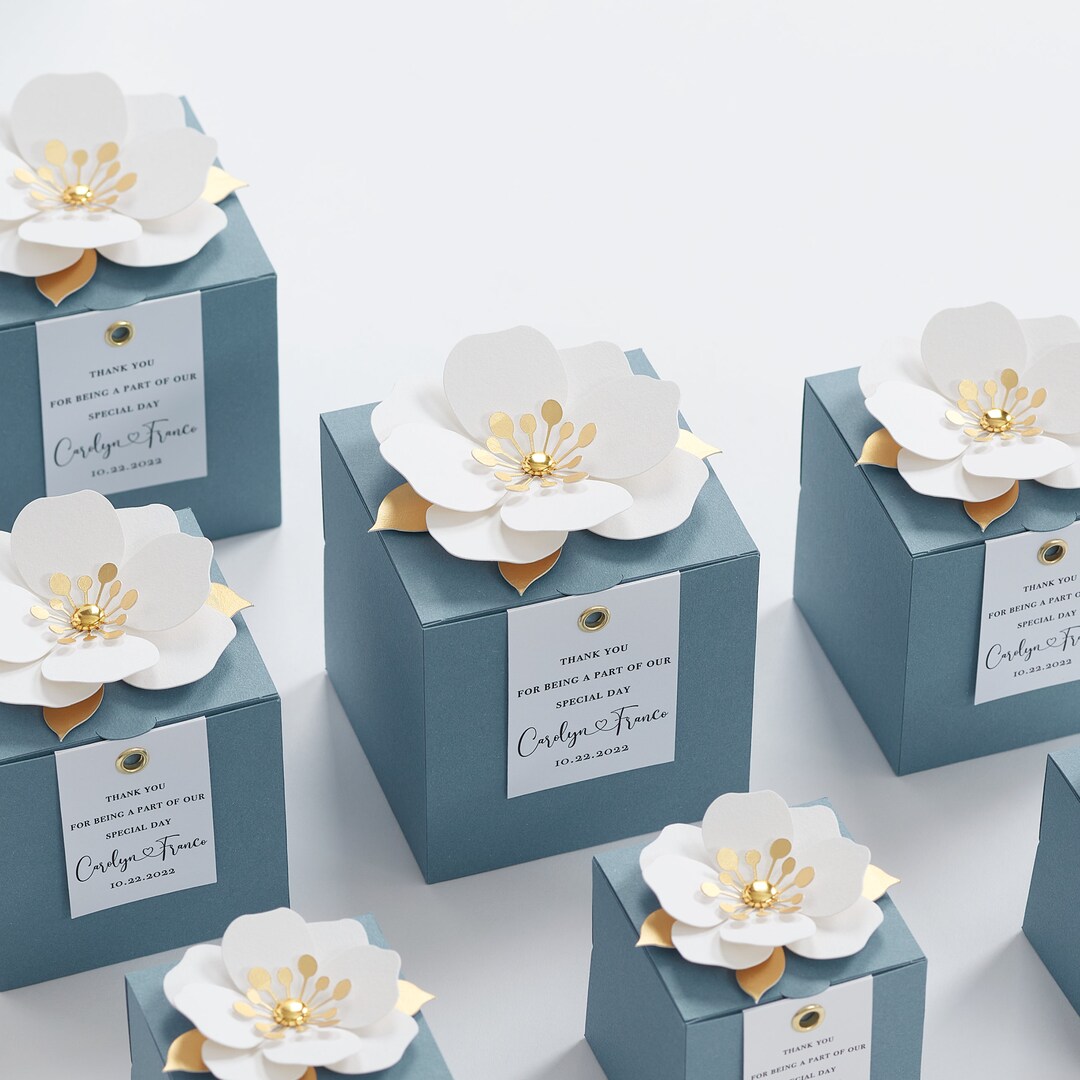 Light Blue Favor Boxes With Flower Decor for Wedding, Bridal Party