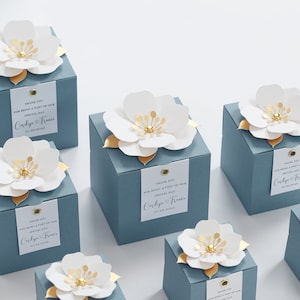 Boîtes cadeaux bleues avec décoration florale pour mariage, cortège nuptiale, baptême, anniversaire et anniversaire