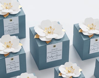 Light blue favor boxes with flower decor for wedding, bridal party, baptism, birthday and anniversary