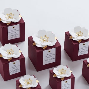 Maroon favor boxes with flower decor for wedding, bridal party, baptism, birthday and anniversary