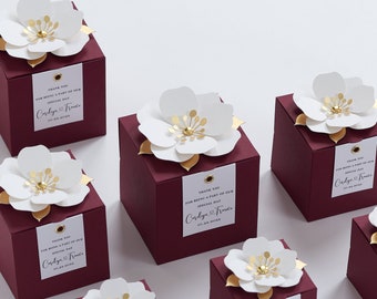 Maroon favor boxes with flower decor for wedding, bridal party, baptism, birthday and anniversary