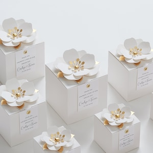 White favor boxes with flower decor for wedding, bridal party, Baptism, birthday and anniversary