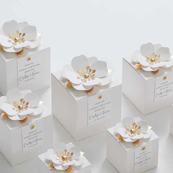 White favor boxes with flower decor for wedding, bridal party, Baptism, birthday and anniversary