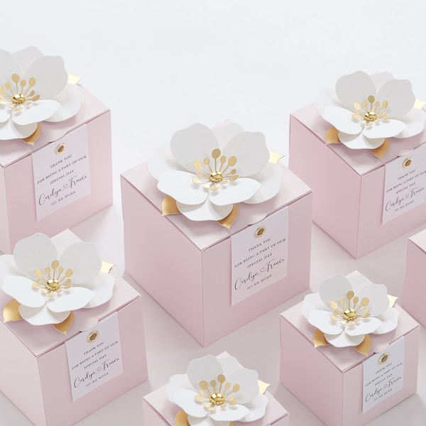 Boîtes à dragées rose clair avec décor floral pour mariage, fête nuptiale, baptême, anniversaire et anniversaire