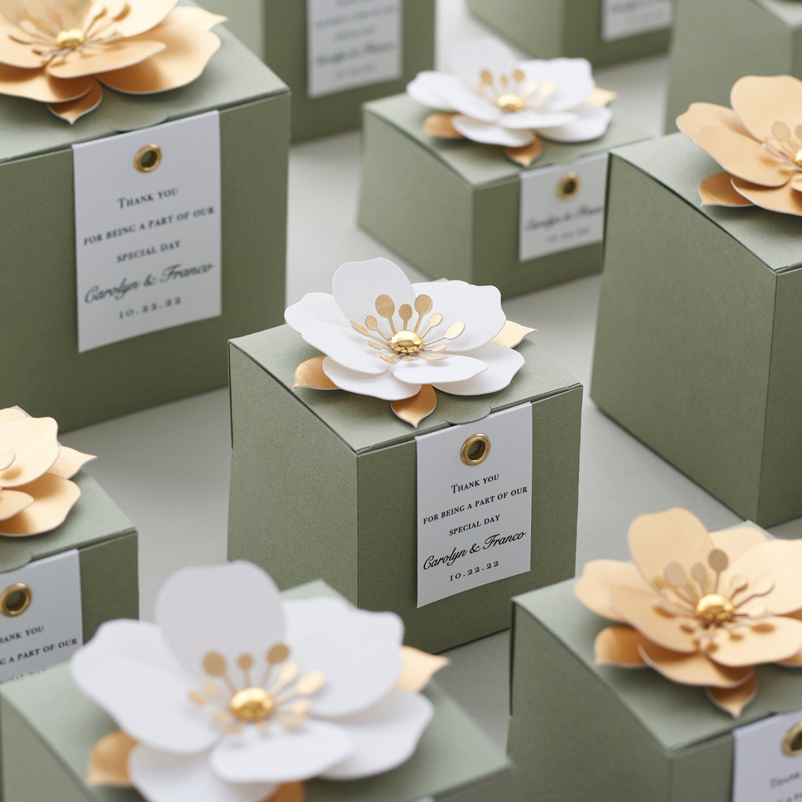 Sage favor boxes with flower decor for wedding bridal party image 1