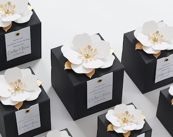 Boîtes à dragées noires avec décor floral pour mariage, fête nuptiale, baptême, anniversaire et anniversaire