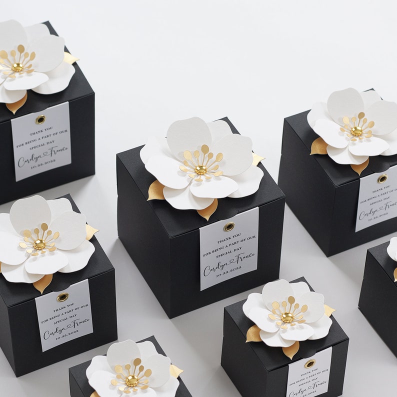 Black favor boxes with flower decor for wedding, bridal party, Baptism, birthday and anniversary image 1