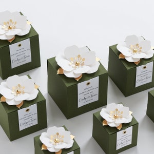 Green favor boxes with flower decor for wedding, bridal party, baptism, birthday and anniversary image 1