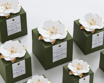 Green favor boxes with flower decor for wedding, bridal party, baptism, birthday and anniversary