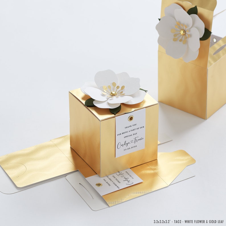 Gouden bedankdoosjes met bloemendecor voor bruiloft, bruidsfeest, doop, verjaardag en jubileum afbeelding 2