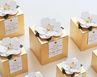 Gold favor boxes with flower decor for wedding, bridal party, baptism, birthday and anniversary