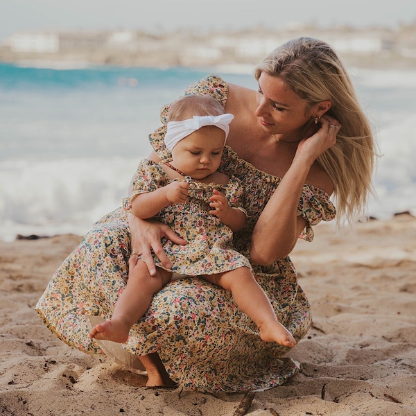 Floral Mommy and Me Matching Dresses | Yellow Polyester Blend | Matching Family Dress for Photoshoot