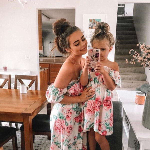 off the shoulder dress, mommy and me outfits, mommy and me dress, mother daughter matching dress, matching outfits mom and daughter, floral