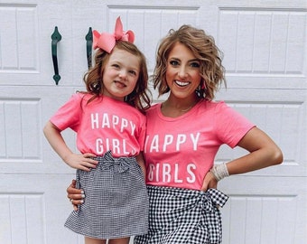 Happy girls matching tees, mommy and me, mommy and me matching shirts, matching tees