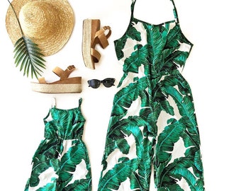 TROPICAL JUMPSUITS mommy and me,  mommy and me outfits, mother daughter,mommy and me, matching outfits, palm leaf print, matching outfit