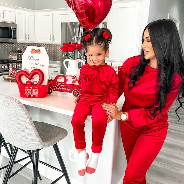 Mommy and Me Cozy Luxe Red Velvet Hooded Pant Set