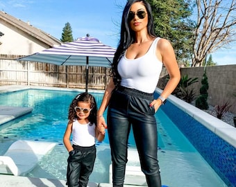 BLACK LEATHER JOGGERS | mommy and me | matching outfits | mother daughter outfits | joggers | fall outfits | fall pants | matching pants