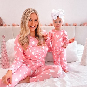 Mommy and Me Valentine, Valentine's pajamas, mommy and me pajamas, matching outfits, matching pajamas, valentines day, pink pajamas, mama image 1