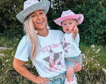 Let's go girls Cowgirl | Western shirts | mommy and me | matching shirts | pink and white | matching outfits | matching tees