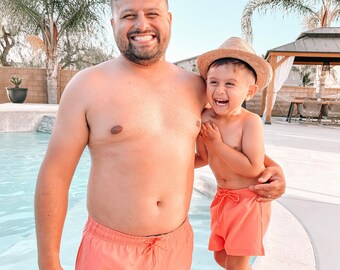 Salmon daddy and son swim trunks, father and son swimwear, father and son matching outfits, father and son summer matching, dad and son