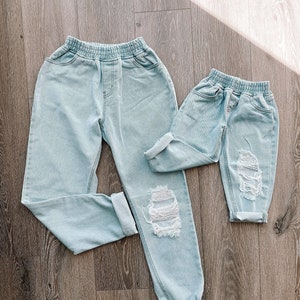 Denim distressed jeans, light wash, open knee, mommy and me, matching outfits, mother daughter outfits, boyfriend jeans