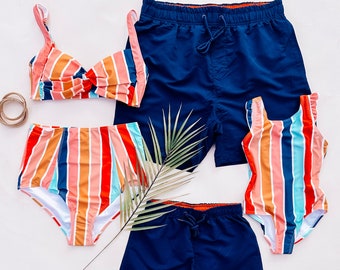 Multi Striped Family Matching Swimwear, Mommy and me swimwear, swimsuit, daddy and me swim, family matching outfits, family vacation outfits