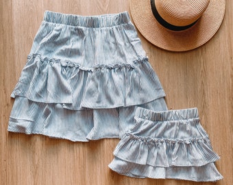 BLUE STRIPED SKIRT | mommy and me matching outfits | mommy and me outfits | matching outfits | mommy and me | ruffle skirt | tiered skirt |