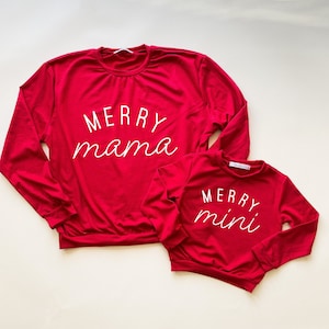 Red or Green Merry Mama & Mini Holiday Matching crew neck sweaters, mommy and me, mommy and me matching, matching outfits,