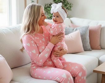 Mommy & Me HeartPajamas Matching Set — Mother Daughter Holiday / Valentines Day Heart Print PJs, Family Matching Christmas Pajamas