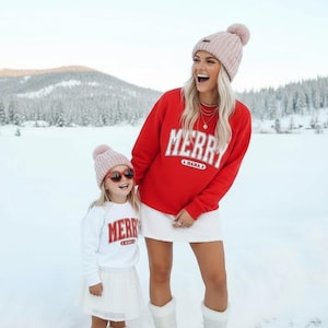 Merry Mama & Merry Mini Sweatshirts | Mommy and Me Christmas Sweaters | Red or White Holiday Matching Sweatshirts for Moms and Kids