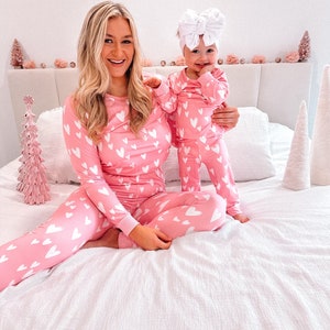 Mommy and Me Valentine, Valentine's pajamas, mommy and me pajamas, matching outfits, matching pajamas, valentines day, pink pajamas, mama image 3