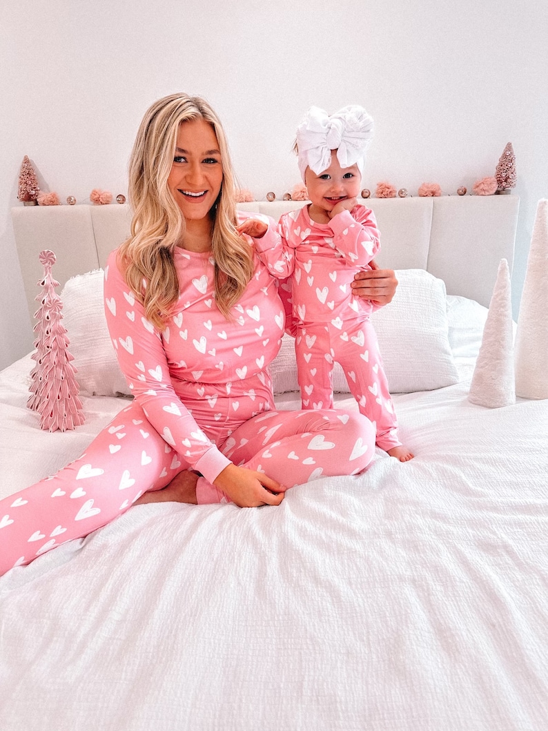 Mommy and Me Valentine, Valentine's pajamas, mommy and me pajamas, matching outfits, matching pajamas, valentines day, pink pajamas, mama image 3