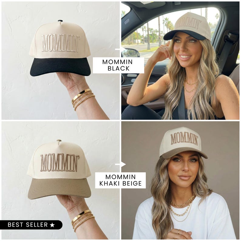 May include: Baseball caps with the word "MOMMIN" embroidered on the front. One cap has a black brim, the other a khaki beige brim. The caps are shown on a person and held by a hand.