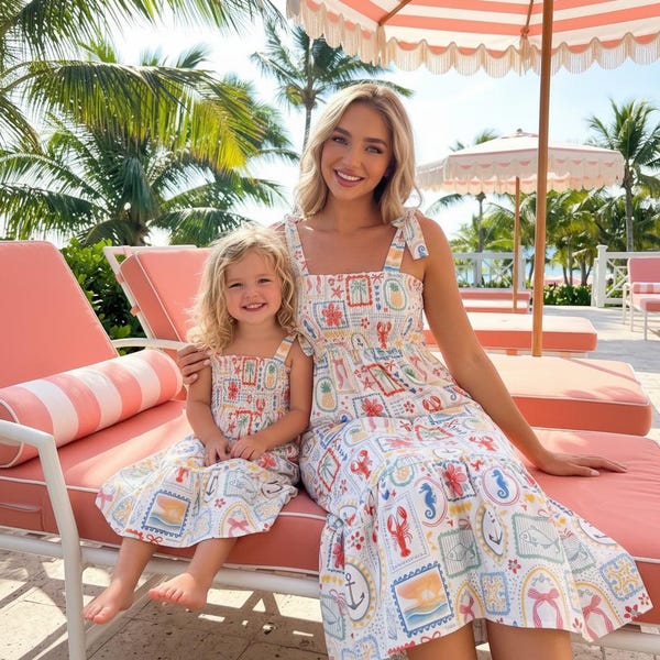 Vestidos a juego para madre e hija / Vestidos a juego estilo playero / Vestidos 100% algodón para madre e hija / Conjunto para vacaciones de verano en la playa / Vestido de tirantes