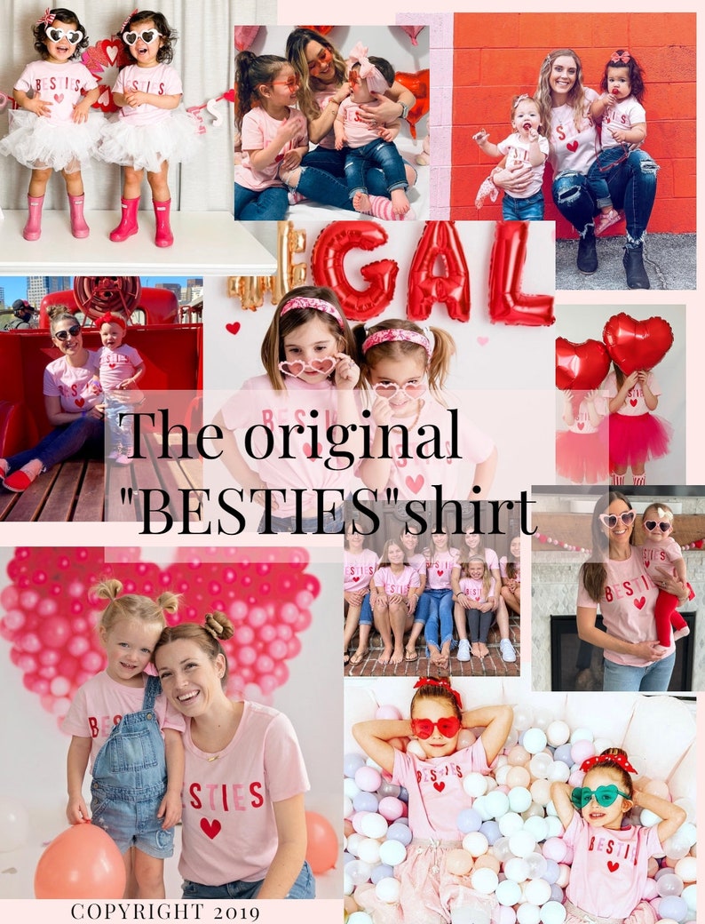 Pode incluir: Uma colagem de fotos com crian&ccedil;as vestindo camisas rosa com o texto "BESTIES" e um cora&ccedil;&atilde;o. As fotos mostram as crian&ccedil;as em v&aacute;rios cen&aacute;rios, incluindo um parque, um playground e uma casa. O texto "The original "BESTIES" shirt" tamb&eacute;m est&aacute; inclu&iacute;do na colagem.