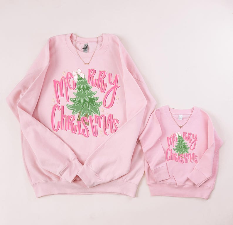 Pink Christmas Sweatshirts Mom and Me | Merry Christmas Matching Holiday Sweaters | Family Christmas Outfits | Mama Mini Christmas party image 2