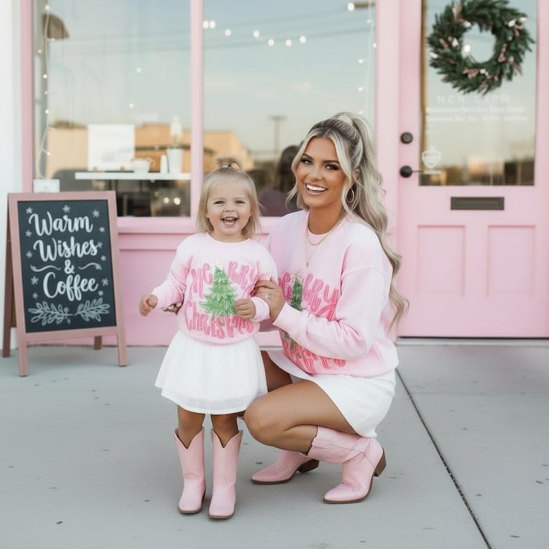 Pink Christmas Sweatshirts Mom and Me | Merry Christmas Matching Holiday Sweaters | Family Christmas Outfits | Mama Mini Christmas party image 4
