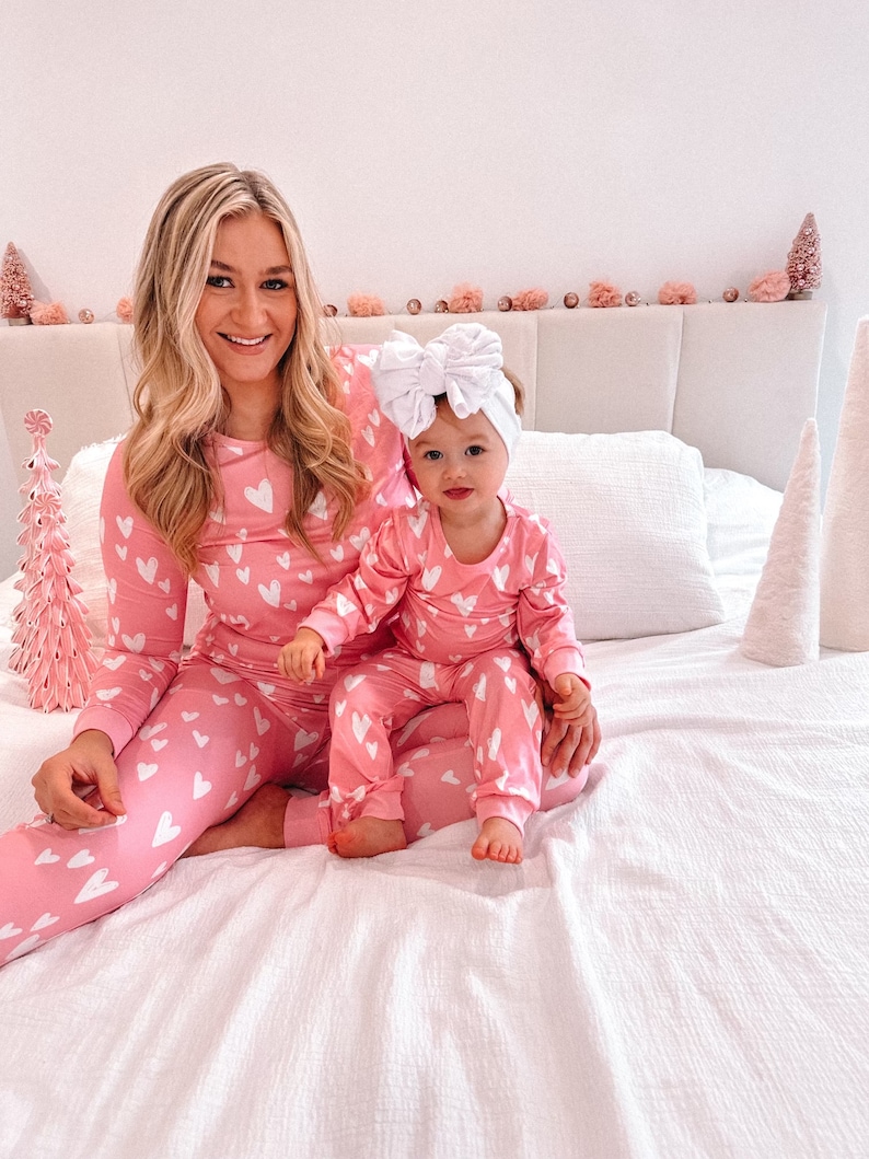 Mommy and Me Valentine, Valentine's pajamas, mommy and me pajamas, matching outfits, matching pajamas, valentines day, pink pajamas, mama image 4