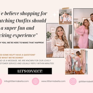 May include: A website homepage for a shop that sells matching outfits for families. The text on the page reads "We believe shopping for Matching Outfits should be a super fun and exciting experience." The website also includes contact information and social media links.